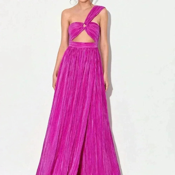 Red Violet Sexy Women's One Shoulder Ring Ruched Front Cut Out Split Thigh Dress - Picture 3 of 6